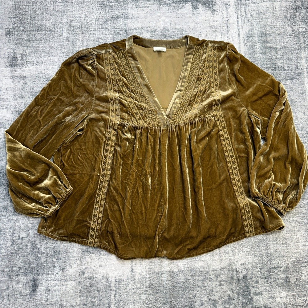 Garnet Hill Top Women 18 Gold Velvet Embroidered Yoke Blouse Renaissance Cottage